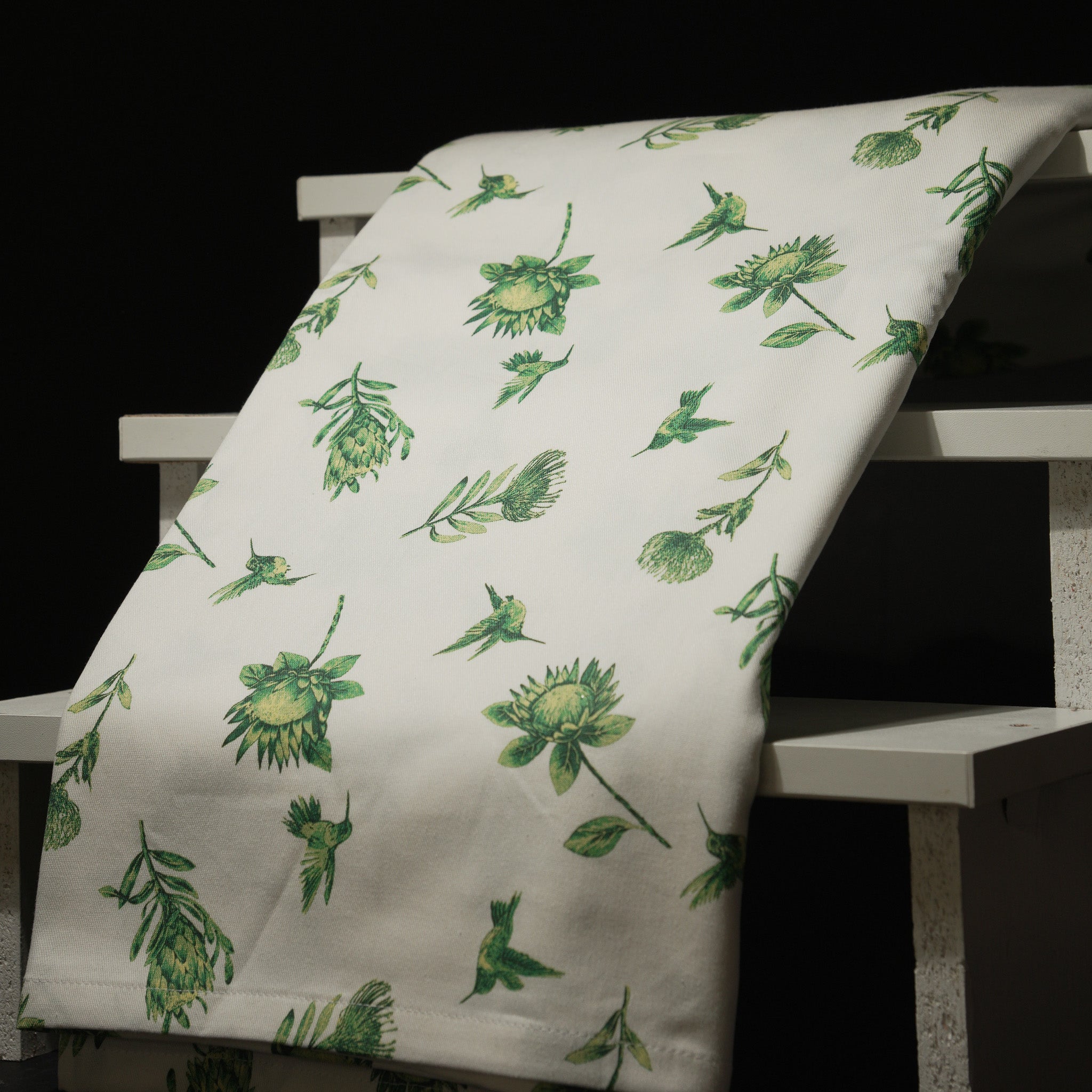 Mini protea green on white cotton